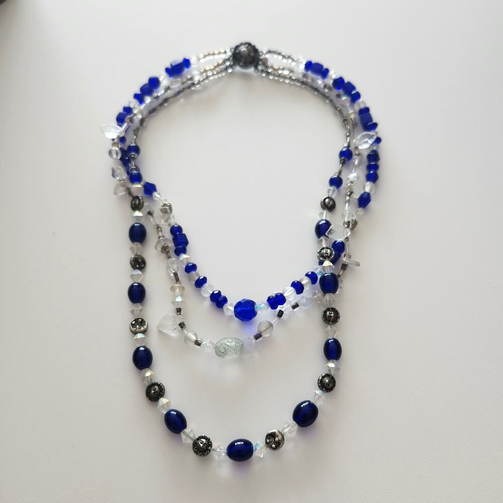Cobalt Blue Clear Glass Acrylic AB Multi Strand Beaded Necklace Silvertone Clasp